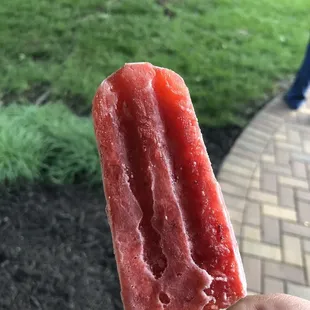 a hand holding a strawberry popsicle
