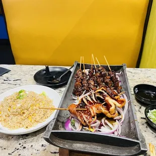 Fried rice, grilled squid  and Chicken Gizzard (3 skewers)