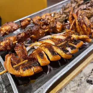 1 Squid, Chicken Cartilage (3 skewers) and Beef Yakitori (3 skewers)