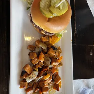 Double smash burger with sweet potato hash