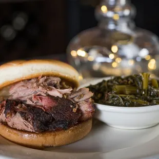 Delicious sandwich with a side of greens