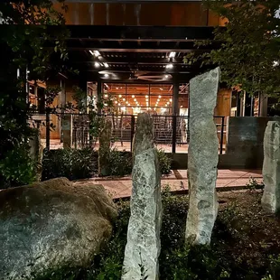 From the street looking at their outdoor patio. Lots of seating inside and out.