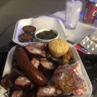 Rib tips Hot link Fried okra and collard greens