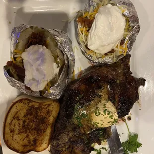 Steak and potato night .. huge juicy steak me and hubby split and still brought a doggy bag home.  yummy!