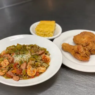 Okra stew with sausage and shrimp! Oh yea a side of fried chicken and corn bread!