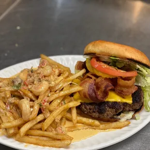 Bacon Cheese burger with Seafood Fries (Bar Menu Saturdays)