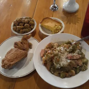 Thirsday Lunch special awesome  Stewed Okra with lots of shrimp and great sausage, delicious fried chicken, side of fried okra.