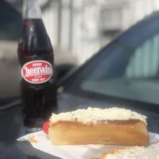 Hotdog all the way with cheese and cheerwine