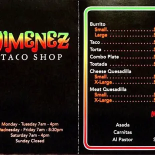 menu and prices