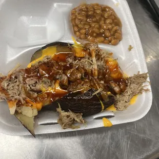 Loaded baked potato and beans with brisket