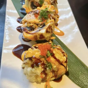 Stuffed Mushrooms with crab meat and deep fried.
