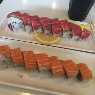 Salmon on Spicy Tuna Roll