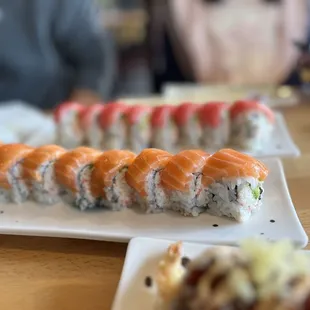 a close up of a plate of sushi