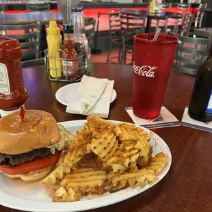 Big J Burger with waffle fries with Cajun