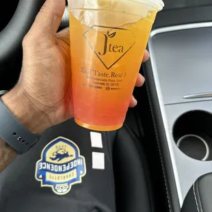 Mango tea with strawberry popping pearls