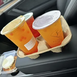 2 Mango Tea w/strawberry popping pearls 1 Strawberry Lemonade w/strawberry popping pearls