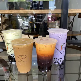 Avocado boba tea, Vietnamese coffee, Thai milk tea w/boba, Taro milk tea w/boba