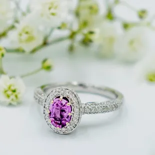 Pink Sapphire halo style engagement ring with pave diamonds everywhere !