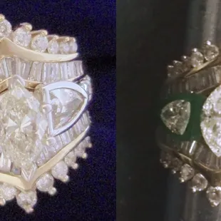 On the Right, Wax Model with original ring, On left new band all soldered together with New Center section Custom Designs at J Thomson Jewel