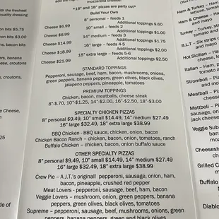 Pizza menu