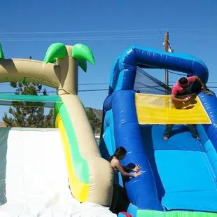 the other two water slides we have with pool at end enter climb wall in back of slide
