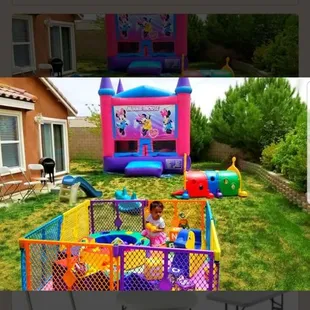 A first birthday set up of bounce house, and soft play