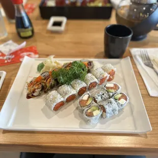 Godzilla roll, spicy tuna roll, Philadelphia roll
