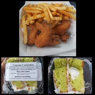 3 fried wings with fries and a slice of key lime cake
