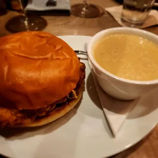 Hot honey chicken sandwich w/potato and leek soup.