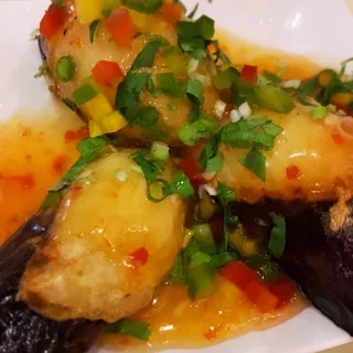 #1. Eggplant Stuffed with Fish Paste in Spicy Sauce