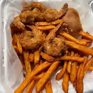 Shrimp and potato fries basket