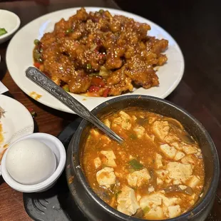 Mushroom Tofu Stew and boneless Korean Fried Chicken. Soup was amazing!