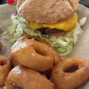 Burger and onion rings