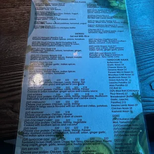 Dinner menu