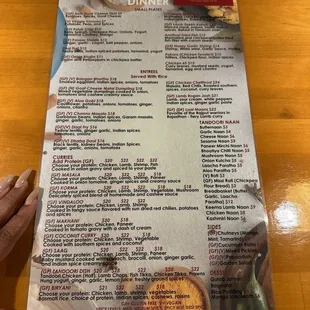 Dinner menu