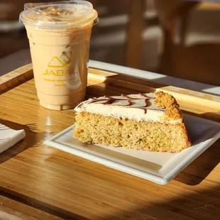 Iced latte and basbousa cake
