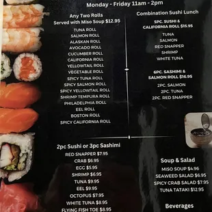 Lunch sushi menu