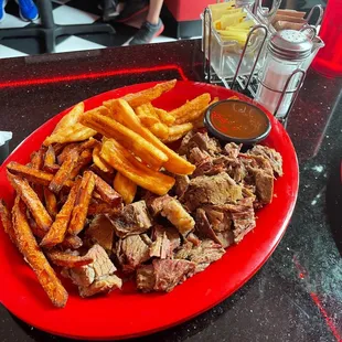 Beer batter fries, sweet potato fries and amazing smoked brisket