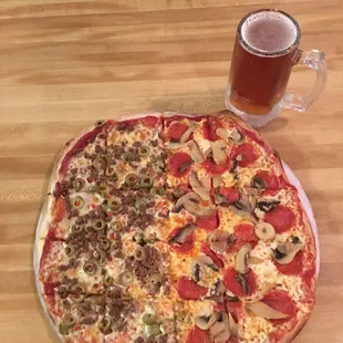 Pepperoni &amp; Mushroom - Beef &amp; Green Olives with an ice cold Yuengling Draft