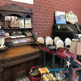 Antique Desk, Vintage Bar Stools, Croquet Set