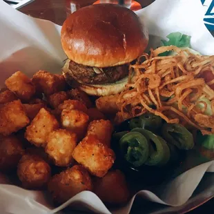 Vegan Burger with tots