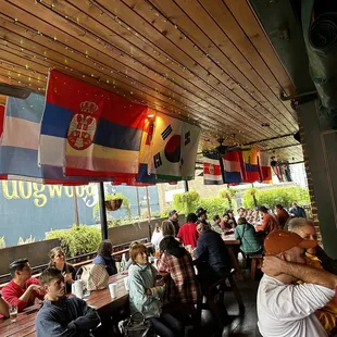a large group of people sitting at tables