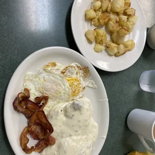 Biscuit &amp; Gravy Eggs , 2 Bacon , home fries.