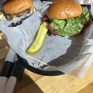 Classic Beagle Burger with bacon and Classic Beagle Burger with pepper jack cheese