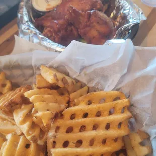 Barbalo wings with a side of waffle fries