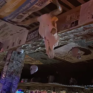 a cow skull hanging from the ceiling