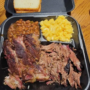 2 Meats - Ribs &amp; Brisket w/ Baked Beans, Mac and Cheese, and Corn Bread