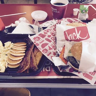 Eggs and burgers for breakfast..not a bad deal ...