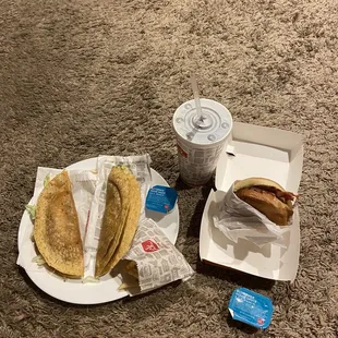 a plate of food and a drink