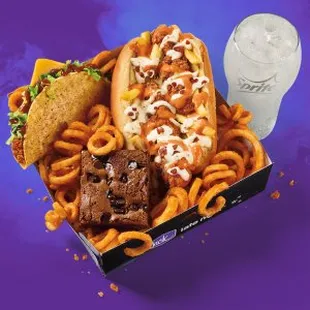 a hot dog, fries, and waffles